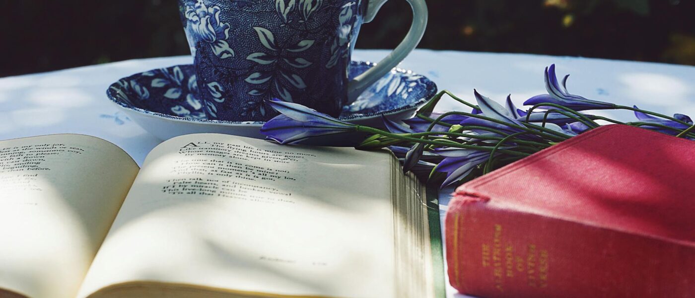 book opened on top of white table beside closed red book and round blue foliage ceramic cup on top of saucer