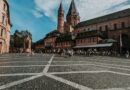 view of the mainz cathedral from the town square in mainz germany