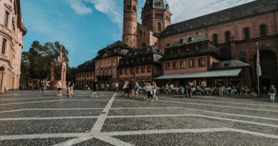 view of the mainz cathedral from the town square in mainz germany