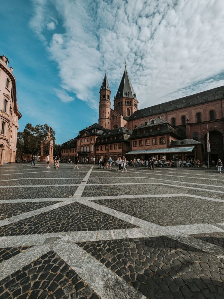 view of the mainz cathedral from the town square in mainz germany