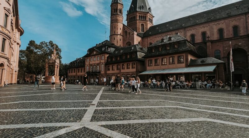 view of the mainz cathedral from the town square in mainz germany