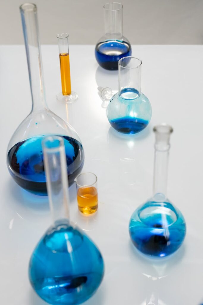 flasks on a table